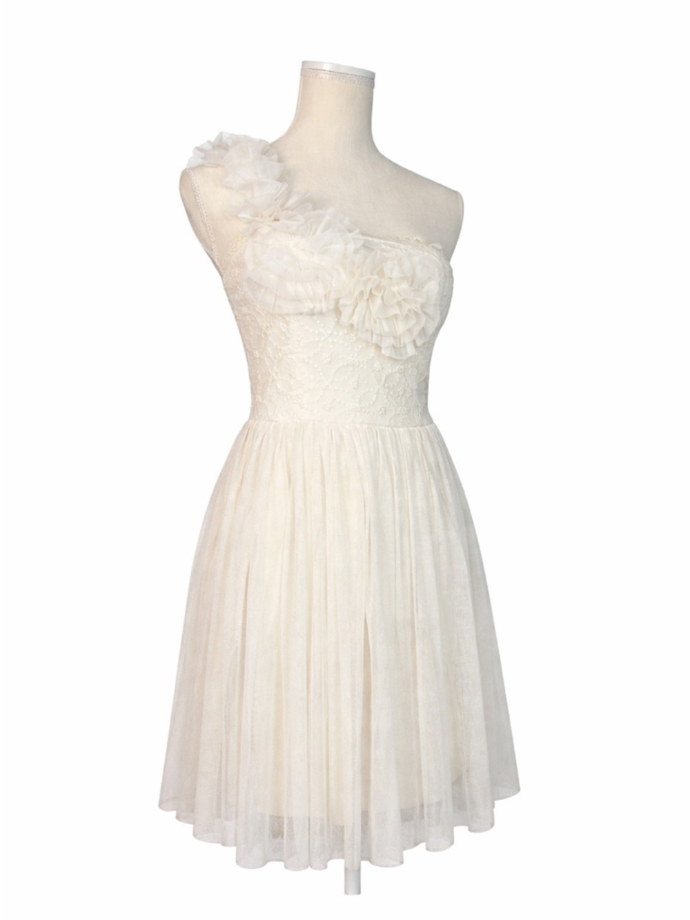 American Rag Cream One Shoulder Lace Tulle Dress Floral Applique Fit & Flare XS